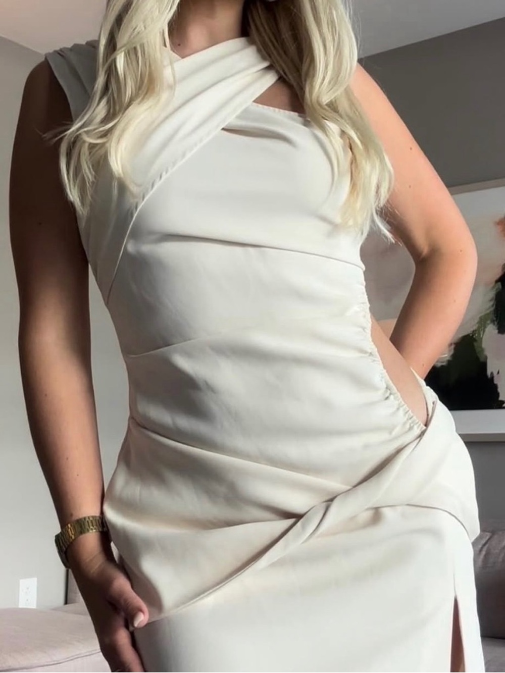 Lioness Cream Cross-Over Ruched Mini Dress